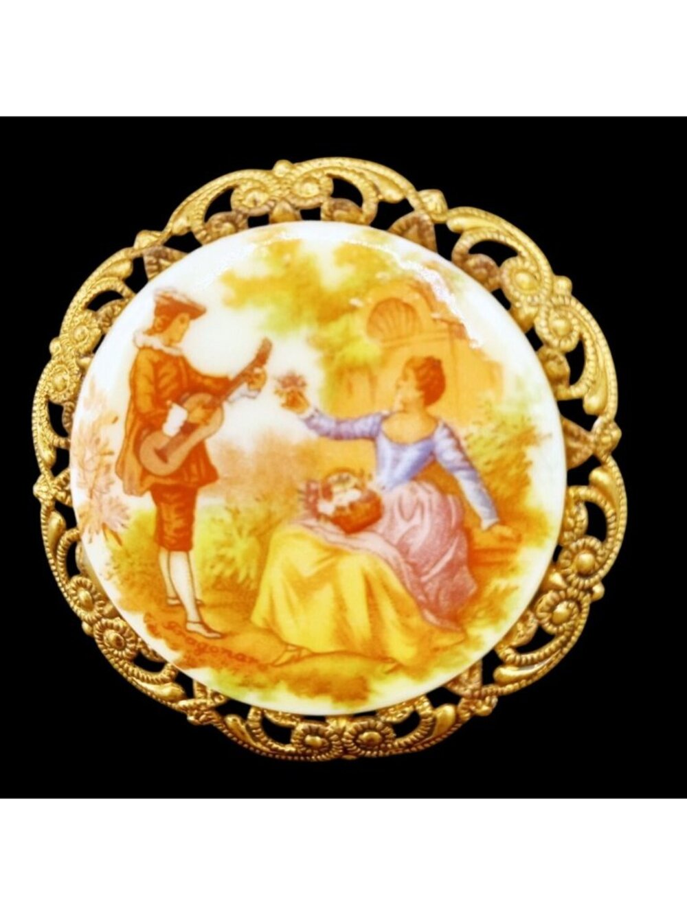 Courting Scene Brooch Gold Tone Filigree Pin Vintage Western Germany 1.75 Inch